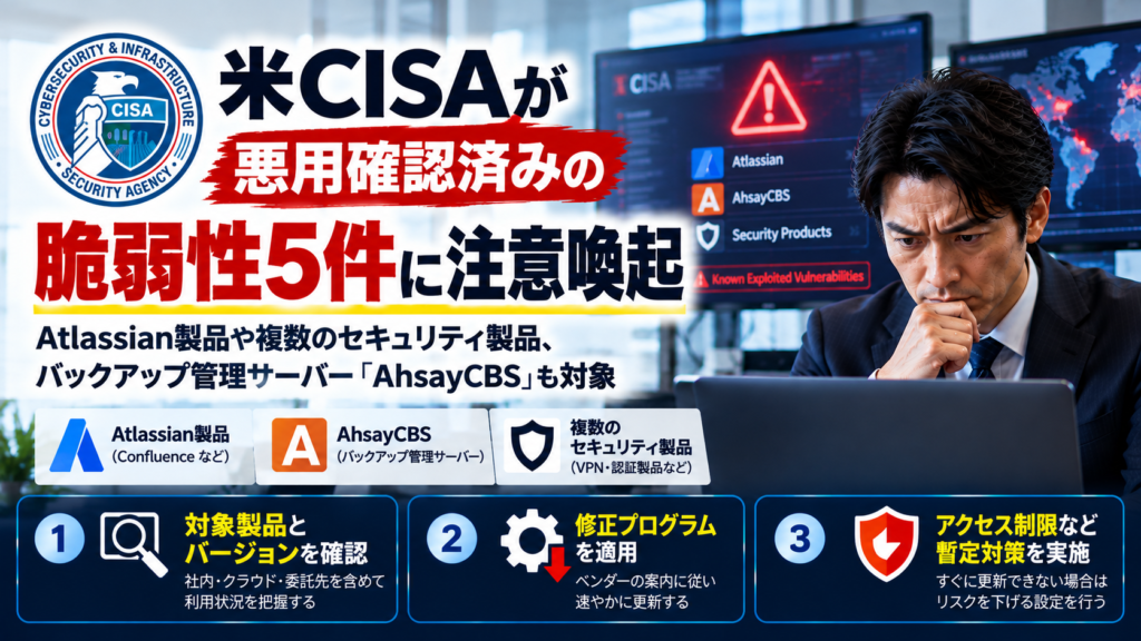 米CISAが悪用確認済みの脆弱性5件に注意喚起