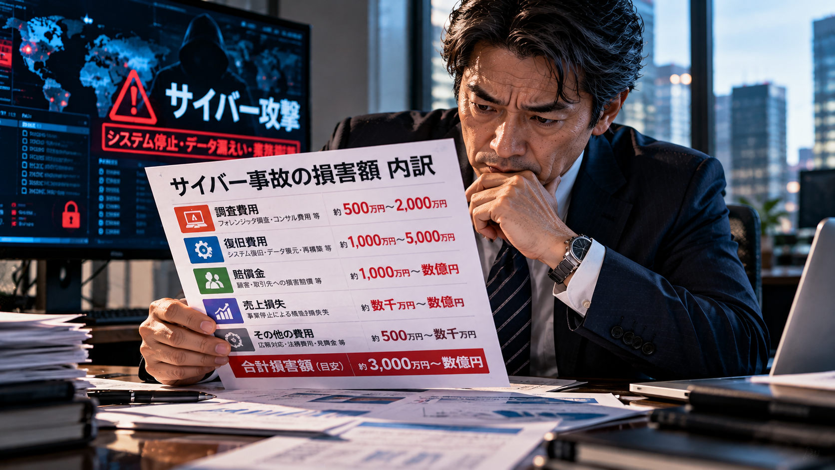 サイバー事故の損害内訳！調査費・復旧費・賠償金・売上損失