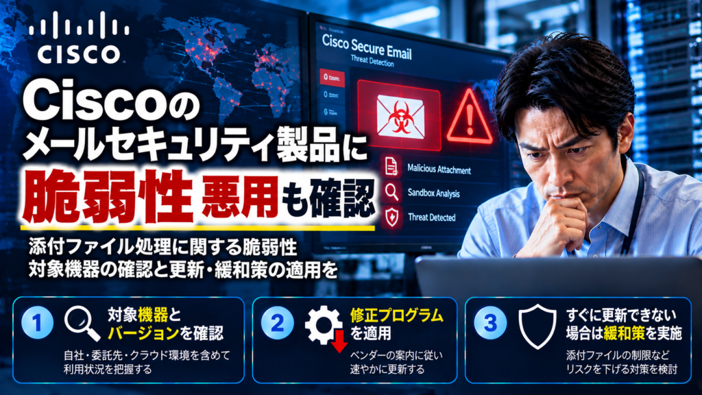 Cisco Secure Emailの脆弱性、悪用確認｜対策と更新